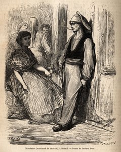 Ein Schokoladenhändler im Freien, Skizze lebhaft aufgenommen in Madrid. Gravur von Gustave Dore (1832-1883) zur Illustration seiner Reise nach Spanien, mit Ch. Davillier (Herausgeber), 1862, veröffentlicht in „Le tour du monde“ 1869, herausgegeben von Edou