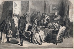 Das Wartezimmer eines Zahnarztes. Zeichnung von Gustave Doré (1832-1883). Gravur in „Le Monde illustre“ von 1862. Private Sammlung von Gustave Dore