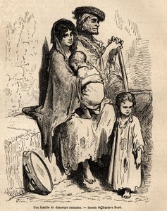 Eine Familie von nomadischen Tänzern ruht sich in den Straßen von Sevilla aus. Skizze von Gustave Doré (1832-1883). Gravur zur Illustration der Reise in Spanien, 1862 von Charles Davillier und Gustave Doré, in „Le tour du monde, nouveau journal des voyages von Gustave Dore
