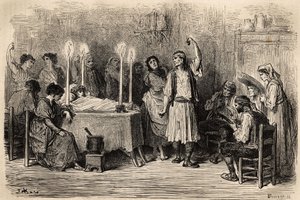 Ein Trauertanz während des Totentages in Jijonas (Provinz Alicante). Skizze von Gustave Doré (1832-1883). Gravur zur Illustration der Reise in Spanien, 1862 von Charles Davillier und Gustave Doré, in „Le tour du monde, nouveau journal des voyages“