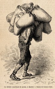 Ein Krugverkäufer, Skizze lebendig aufgenommen in Madrid. Gravur von Gustave Doré (1832-1883) zur Illustration seiner Reise nach Spanien, mit Ch. Davillier (Herausgeber), 1862, veröffentlicht in „Le tour du monde“ 1869, herausgegeben von Edouard Charton, H