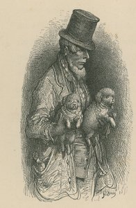 Ein Mann mit Zylinder, der zwei Hunde in den Händen hält