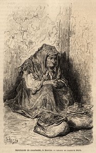 Ein Erdnusshändler, Skizze vor Ort an der Puerta del Sol, in Madrid. Gravur von Gustave Doré (1832-1883) zur Illustration seiner Reise nach Spanien, mit Ch. Davillier (Herausgeber), 1862, veröffentlicht in „Le tour du monde“ 1869, herausgegeben von Edouard von Gustave Dore