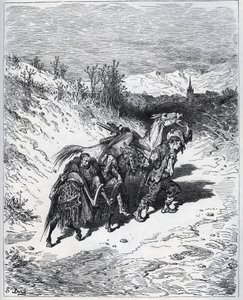 Ein Pflüger bringt Don Quijote und Rossinante ins Dorf zurück - aus "Don Quijote von der Mancha" von Miguel Cervantes von Gustave Dore