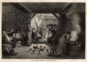 Ein Gasthaus in Estremadura, das Arbeiter und Reisende sowie verschiedene Haustiere oder nicht, willkommen heißt, man kann aus dem gemeinsamen Krug trinken, der von den Balken hängt, oder individuell und man kann auch eine Suppe essen, die immer auf dem Fe