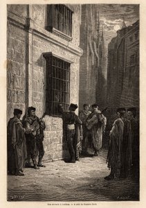 Eine Serenade im Mondlicht, in den Straßen von Cordoba, der Liebhaber, Gitarre in der Hand, spricht leise zu seiner Verlobten durch ein Drahtgitterfenster, rezitiert Gedichte oder singt ein Lied. Zeichnung von Gustave Dore (1832-1883). Illustration der Rei
