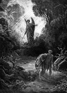 Adam und Eva werden aus dem Paradies vertrieben. Gravur von Gustave Doré. Mame Edition 1891.