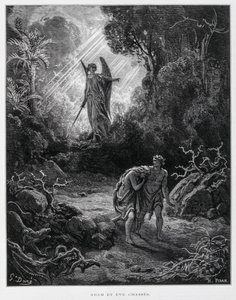 Adam und Eva werden von einem Engel aus dem Garten Eden verbannt, Illustration aus der Dore-Bibel von Gustave Dore