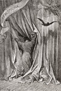 Nach einer Zeichnung von Gustave Doré für Edgar Allan Poes Gedicht Der Rabe. Aus Leben und Erinnerungen von Gustave Doré, veröffentlicht 1885.