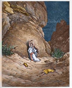 Hagar und ihr Sohn Ismael in der Wüste nach der Vertreibung durch Abraham - Gravur in „Die illustrierte Bibel“ von Gustave Doré (1832-1883) - Gravur von 1866 von Gustave Dore