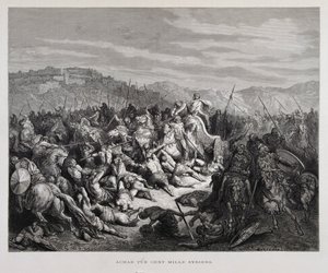 Ahab kämpft gegen die Assyrer in der Schlacht von Qarqar, Illustration aus der Dore-Bibel von Gustave Dore