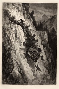 Ein Unfall der Diligence. Zeichnung von Gustave Doré zur Illustration seiner Reise nach Spanien mit C. Davillier 1862. Gravur in „Le tour du monde“, herausgegeben von Edouard Charton