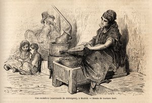Eine Kastanienhändlerin im Freien, mit ihrem tragbaren Ofen, Skizze auf der Puerta del Sol in Madrid. Gravur von Gustave Doré (1832-1883) zur Illustration seiner Reise nach Spanien, mit Ch. Davillier (Herausgeber), 1862, veröffentlicht in „Le tour du monde