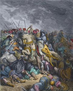 Schlacht von Arsuf - Richard I. Löwenherz (1157-1199), König von England, nimmt am 3. Kreuzzug teil - Richard Löwenherz in der Schlacht von Arsuf (1191), Dritter Kreuzzug, Gravur von Gustave Doré - aus 