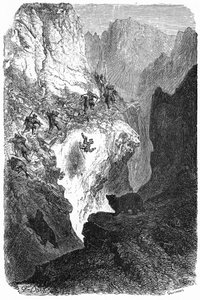 Bärenjagd in den Pyrenäen: Ein Mann stürzt vom Berg. Gravur von Gustave Doré, die das Buch „Reise in die Pyrenäen“ von Hippolyte Taine, Hachette 1860, illustriert.