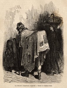 Buhonero, aragonesischer Hausierer. Zeichnung von Gustave Doré (1832-1883). Gravur zur Illustration der Reise in Spanien, von Charles Davillier, 1862, veröffentlicht in „Le tour du monde“ 1872, herausgegeben von Edouard Charton, Hachette-Edition, Paris. Se