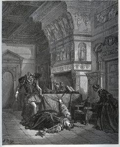 Camille täuscht Selbstmord vor Lothaire und Leonella - aus „Don Quijote de la Mancha“ von Miguel Cervantes (1547-1616) (Don Quijote) - Holzschnitt nach einer Zeichnung von Gustave Doré von Gustave Dore