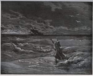 Gefangenen-Geschichte. Aagi-Morato, der Vater von Zoraide, ist am Ufer von „Don Quijote de la Mancha“ von Miguel Cervantes (1547-1616) (Don Quijote) - Holzschnitt nach einer Zeichnung von Gustave Doré von Gustave Dore