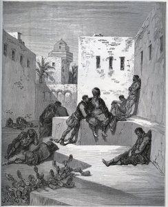 Gefangenengeschichte. Hof des Bagnes von Algier, wo der Gefangene einen Dienst von einem Renegaten erbittet - aus „Don Quijote de la Mancha“ von Miguel Cervantes - Holzschnitt nach einer Zeichnung von Gustave Doré von Gustave Dore