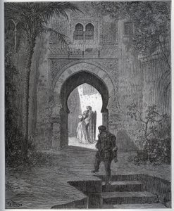 Gefangenen-Geschichte. Erstes Treffen des Gefangenen mit Zoraide im Garten des Vaters, der sie nach seinem Ohnmachtsanfall zurückbringt - aus "Don Quijote von der Mancha" von Miguel Cervantes von Gustave Dore