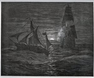 Gefangenen-Geschichte. Das spanische Fluchtboot wird von einem französischen Schiff angegriffen aus „Don Quijote de la Mancha“ von Miguel Cervantes (1547-1616) (Don Quijote) - Holzschnitt nach einer Zeichnung von Gustave Doré