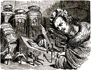 Karikatur von Honoré de Balzac (1799-1850) von Gustave Doré (1832-1883) für die „Drolatischen Geschichten“ (1855): der Schriftsteller wird als Entomologe dargestellt, der Menschen wie Insekten in seinem mit Entomologie- und Sezierentwürfen sowie Gläsern ge von Gustave Dore
