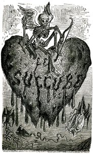 Kapitelkopf-Illustration von Gustave Doré für die Drolatischen Geschichten (1855) von Honoré de Balzac (1799-1850): der Succubus (Vampir) - Skelett, Tod, Herz, Blut von Gustave Dore