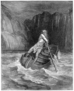 Charon der Fährmann rudert, um Dante und Virgil abzuholen, um sie über den Styx zu bringen, 1861