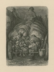 Kinder sitzen auf dem Rücken eines Brauereiwagens von Gustave Dore