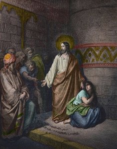 „Christus und die Ehebrecherin“ Illustration von Gustave Doré (1832-1883) - Jesus und die Ehebrecherin - Gravur von Gustave Doré - spätere Kolorierung von Gustave Dore