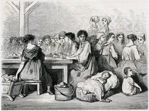 Zigarrenarbeiterinnen von Sevilla. Herstellung von Zigarren, Arbeiter, Tabak. Zeichnung von Gustave Doré zur Illustration des „Voyage en Espagne“ von Charles Davillier