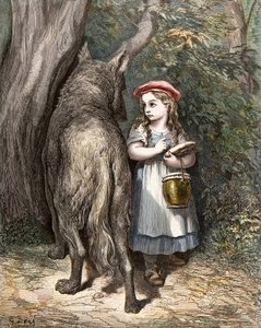 Rotkäppchen trifft den Wolf. Illustration aus „Die Märchen“ von Charles Perrault