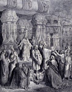 Kyros II. der Große (580 v. Chr. - 530 v. Chr.) befreite die gefangenen Völker bei seiner Ankunft in Babylon im Jahr 539 v. Chr. und gab dem jüdischen Volk die heiligen Gefäße zurück, die als Beute im Tempel von Jerusalem genommen worden waren. Gravur von 