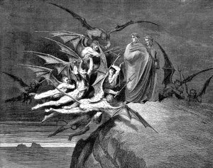 Dante und Virgil von Dämonen bedrängt auf ihrem Weg durch den achten Kreis