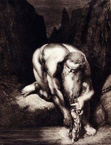 Dante und Virgil treffen den Riesen Anteas. Ill. zur Göttlichen Komödie von Dante Alighieri von Gustave Doré von Gustave Dore
