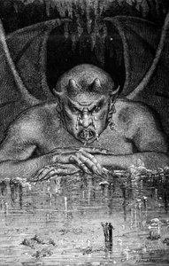 Dante und Virgil durchqueren die Hölle in der Göttlichen Komödie von Dante Alighieri (1265 - 1321): Satan verschlingt die Tänzer. Gravur von Gustave Doré. 19. Jahrhundert.