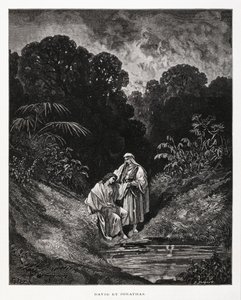 David und Jonathan, heroische Figuren des Königreichs Israel, die einen Freundschaftsbund schlossen, aufgezeichnet in den Büchern Samuel, Illustration aus der Dore-Bibel