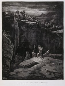 David bietet Saul, dem König von Israel, sein Schwert in Treue an, Illustration aus der Dore-Bibel von Gustave Dore