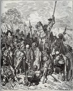 Don Quijote und Sancho mit der Truppe der schreienden Dorfbewohner - aus „Don Quijote de la Mancha“ von Miguel Cervantes (1547-1616) - Holzschnitt nach einer Zeichnung von Gustave Doré von Gustave Dore
