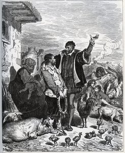 Don Quijote überzeugt seinen Nachbarn Sancho Panza, sein Knappe zu sein - aus "Don Quijote von der Mancha" von Miguel Cervantes