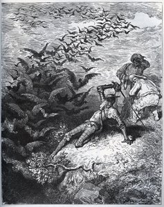 Don Quijote in der Höhle von Montesinos - Eine unendliche Anzahl von Krähen und Raben fliegt aus der Höhle und wirft Don Quijote zu Boden (II, 22) - aus „Don Quijote de la Mancha“ von Miguel Cervantes - Holzschnitt nach einer Zeichnung