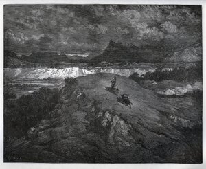 Don Quijote und Sancho Panza setzen ihre Abenteuer in einer bergigen Region, Sierra Morena, fort - aus „Don Quijote von der Mancha“ von Miguel Cervantes (1547-1616) - Holzschnitt nach einer Zeichnung von Gustave Doré