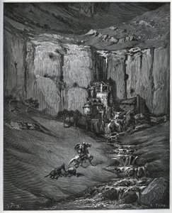 Don Quixote und Sancho Panza entdecken, was ihre Besorgnis verursachte, einen Wasserfall und eine Mühle - aus „Don Quixote de la Mancha“ von Miguel Cervantes (1547-1616) - Holzschnitt nach einer Zeichnung von Gustave Dore von Gustave Dore