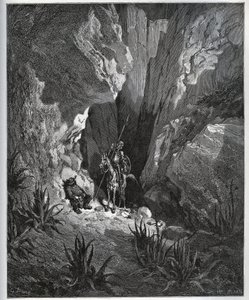 Don Quixote und Sancho Panza finden die Sachen eines Reisenden - aus „Don Quixote de la Mancha“ von Miguel Cervantes (1547-1616) - Holzschnitt nach einer Zeichnung von Gustave Doré von Gustave Dore