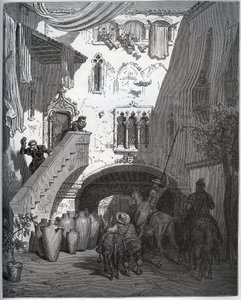 Don Quijote und Sancho Panza, eingeladen von Don Diego de Miranda zu Hause, werden von der Frau und dem Sohn des Gentlemans begrüßt - aus „Don Quijote von der Mancha“ von Miguel Cervantes (1547-1616) - Holzschnitt nach einer Zeichnung von Gustave Doré von Gustave Dore