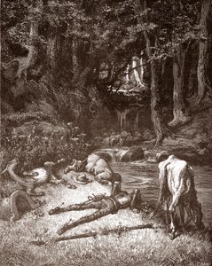 Don Quijote und Sancho Panza erfrischen sich an einem Bach, Gravur von Gustave Doré für 