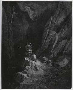 Don Quijote und Sancho Panza versinken in der Sierra Morena - aus „Don Quijote de la Mancha“ von Miguel Cervantes (1547-1616) (Don Quijote) - Holzschnitt nach einer Zeichnung von Gustave Dore. von Gustave Dore