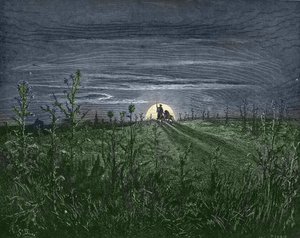 Don Quijote und Sancho auf dem Weg nach Toboso - aus „Don Quijote de la Mancha“ von Miguel Cervantes (1547-1616) - Holzschnitt nach einer Zeichnung von Gustave Doré (1832-1883) von Gustave Dore