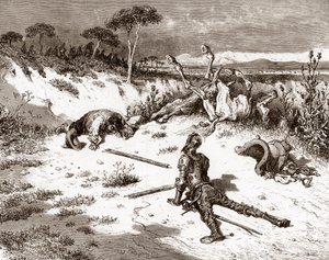 Don Quijote und Sancho Panza nach der Schlägerei mit den Wachen und Kriminellen, Gravur von Gustave Doré für 