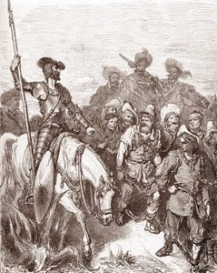 Don Quijote und Sancho Panza verhören die zu den Galeeren geführten Verbrecher. Gravur von Gustave Doré für „Der sinnreiche Junker Don Quijote von der Mancha“ von Miguel de Cervantes, 1863 von Gustave Dore